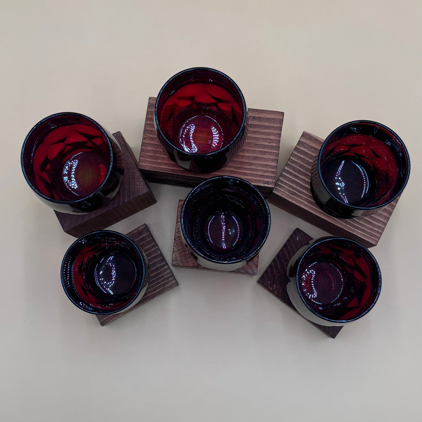 Set of 6 Vintage Ruby Red Glasses with Hexagonal/Honeycomb Base Mismatch