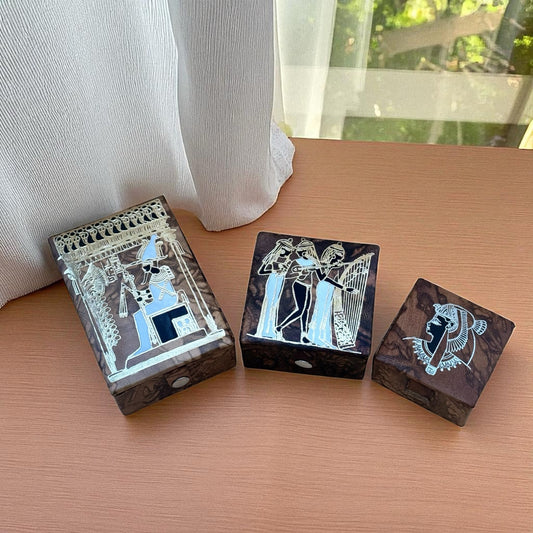 VintaEgyptian Leather Jewelry Boxes Set of 3 with Silver Embossed Designs & Red Felt Lining