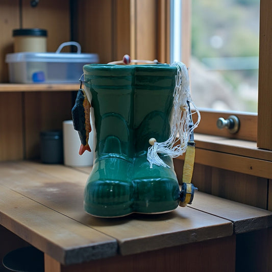 Ceramic Vintage Fishing Boot Planter with Rod and Fish Décor
