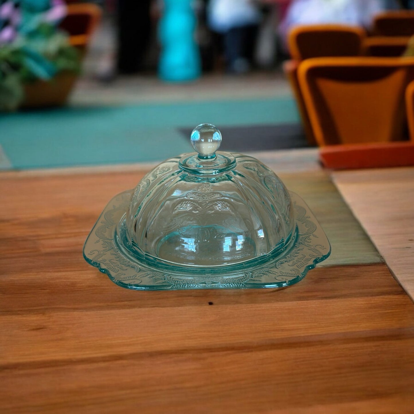 Depression Glass Butter Dish – Aqua Blue Etched Dome with Square Base