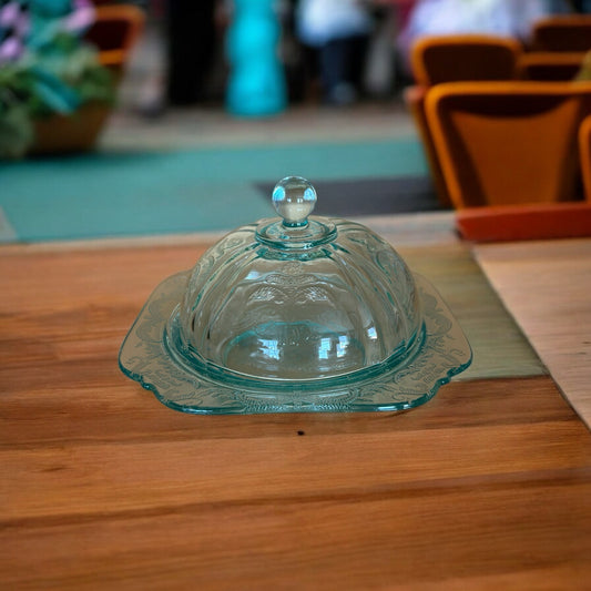 Depression Glass Butter Dish – Aqua Blue Etched Dome with Square Base