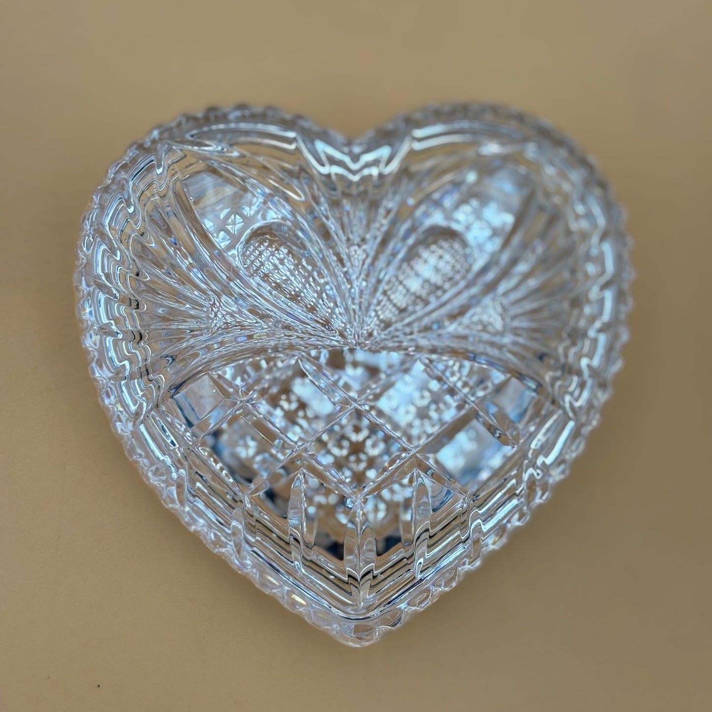 Vintage Cut Glass Heart Trinket Dish with Lid