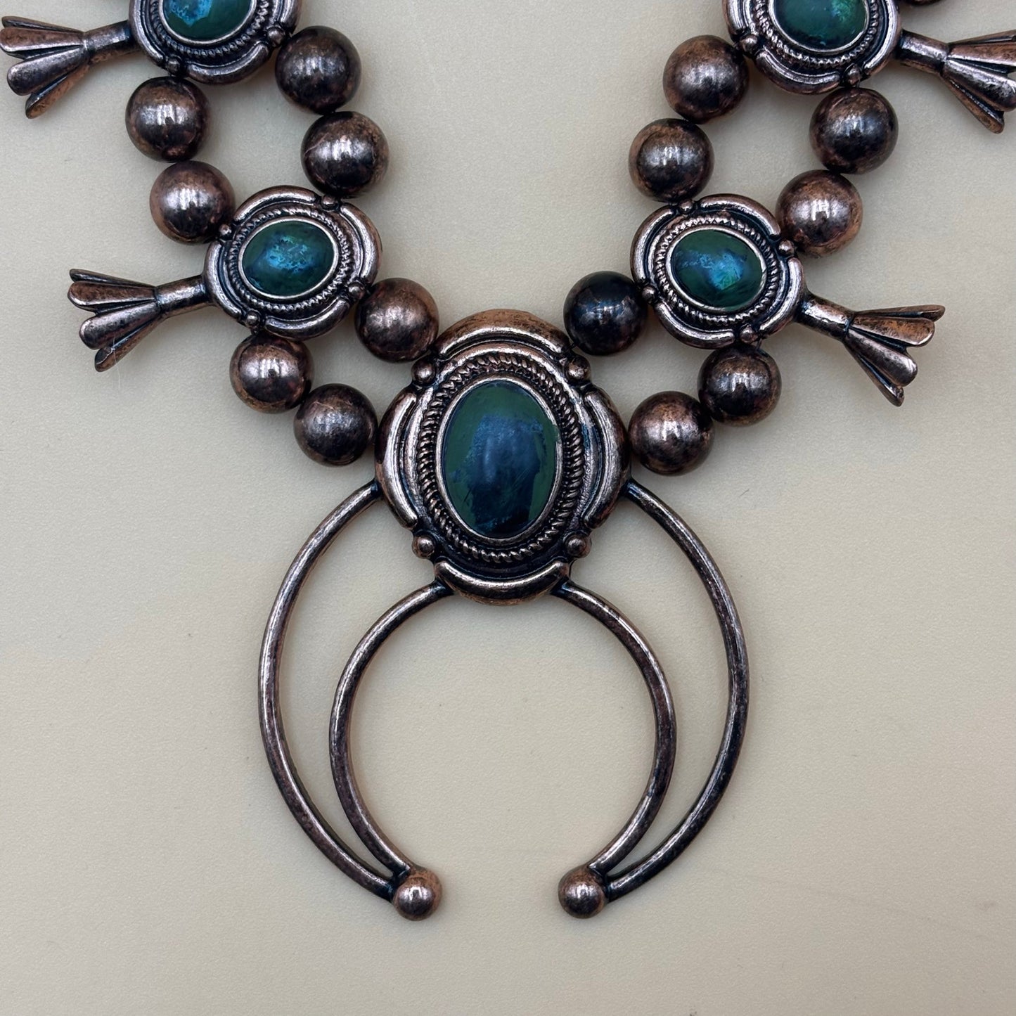 Boho Faux Turquoise Squash Blossom Necklace Copper-Tone Western Statement