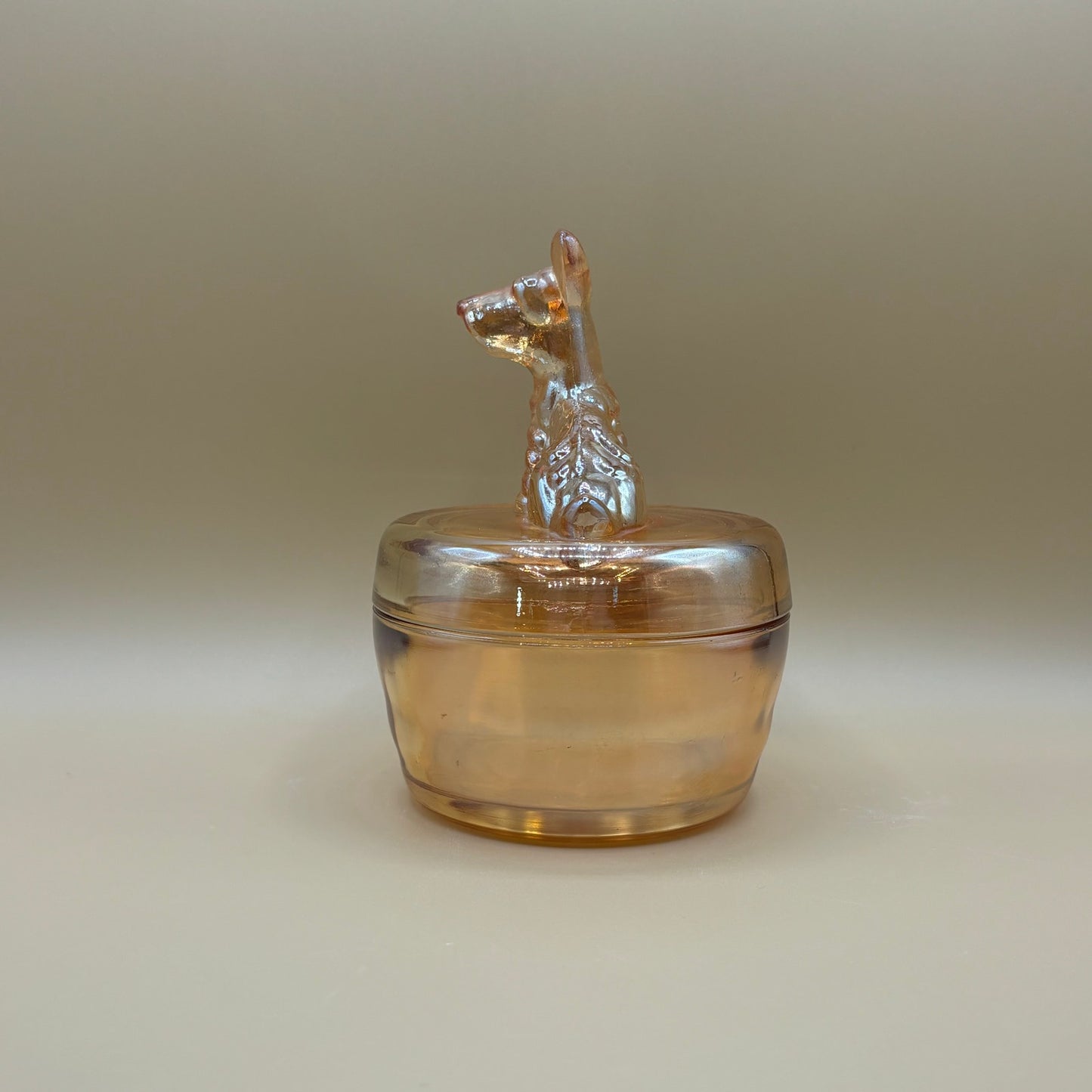 Vintage Jeannette Marigold Carnival Glass Scottie Dog Trinket Box