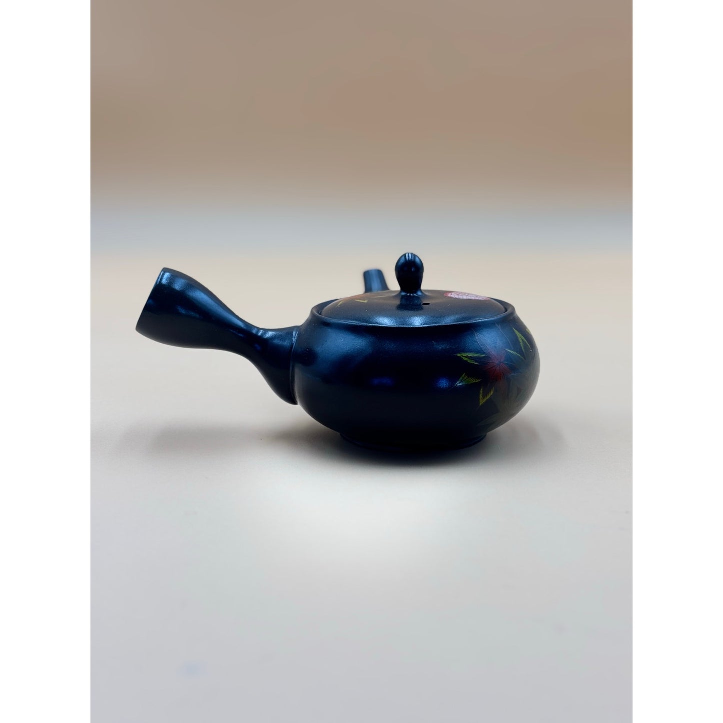 Vintage Komaru Kiln Tokoname Kyusu Teapot — Black Ceramic with Maple Leaf Design