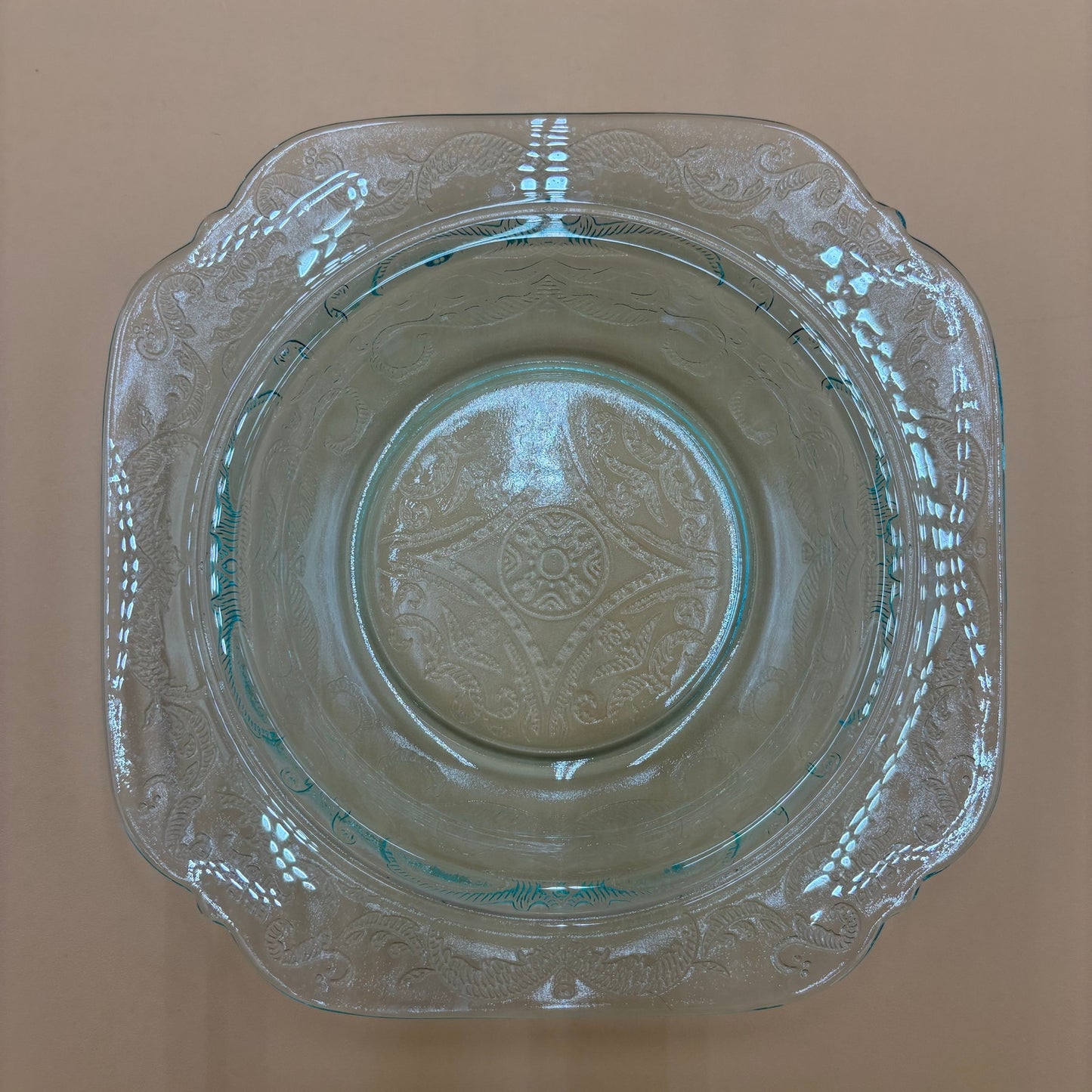Depression Glass Butter Dish – Aqua Blue Etched Dome with Square Base