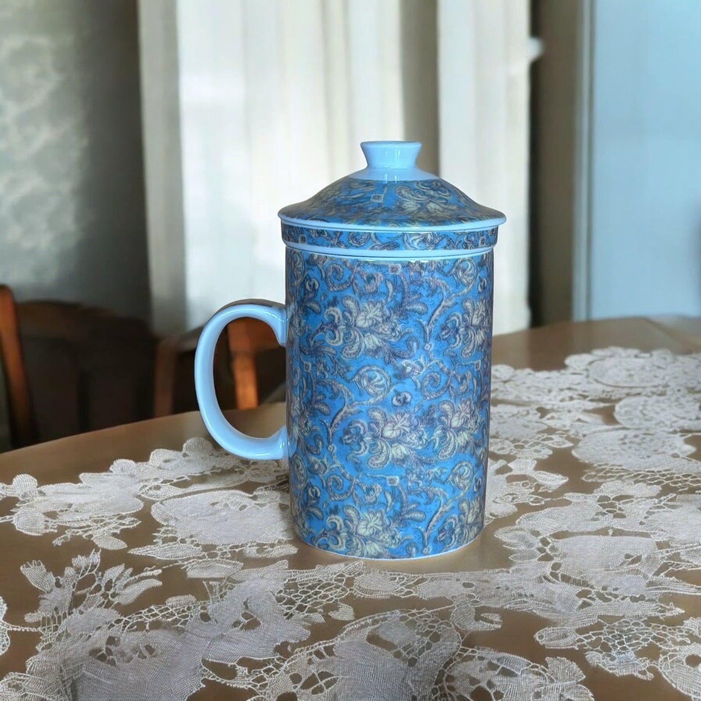 World Market Porcelain Tea Mug with Lid & Infuser – Blue & Gold Floral Damask