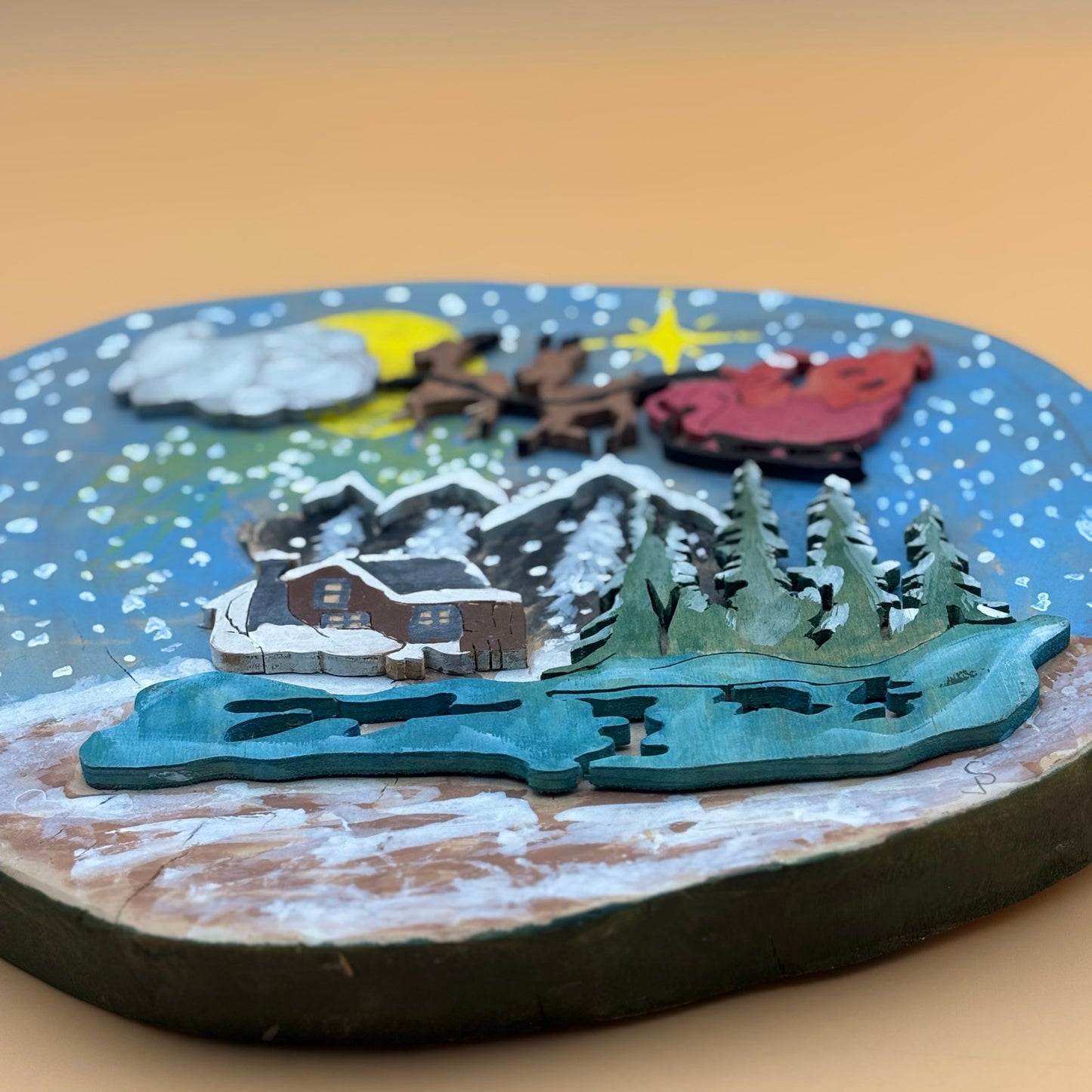 Handmade Painted Wood Slice Christmas Wall Hanging – Cabin & Sleigh Scene