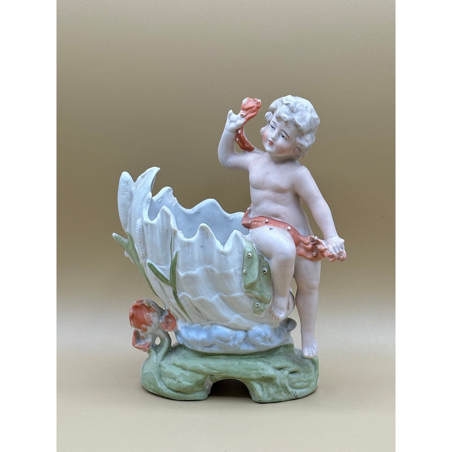 Vintage Cherub Shell Planter Porcelain Figurine