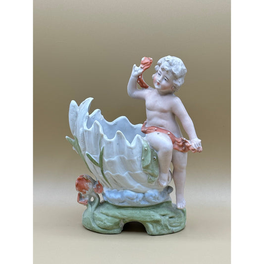 Vintage Cherub Shell Planter Porcelain Figurine