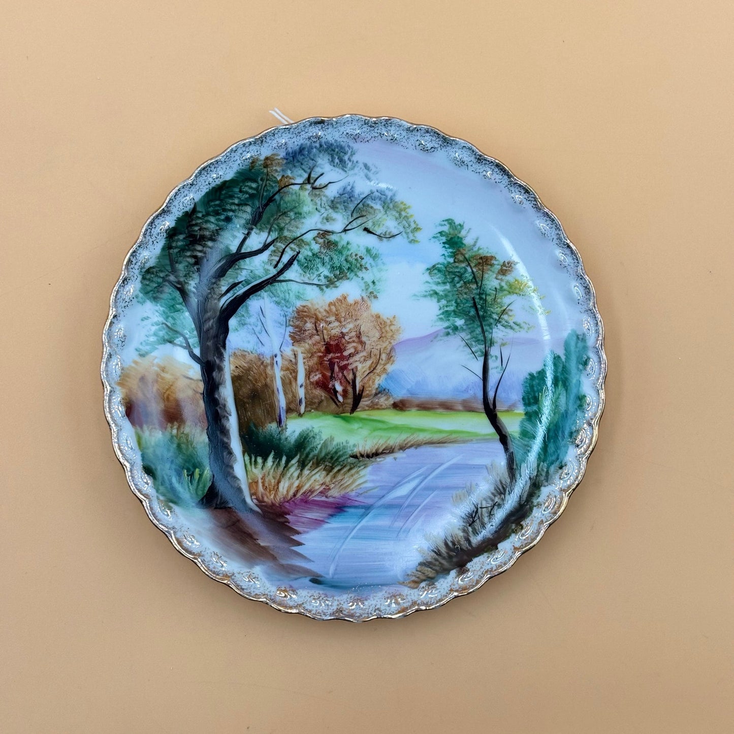 Vintage Hand Gold Trimmed Painted Japanese Landscape Plate 8 in.