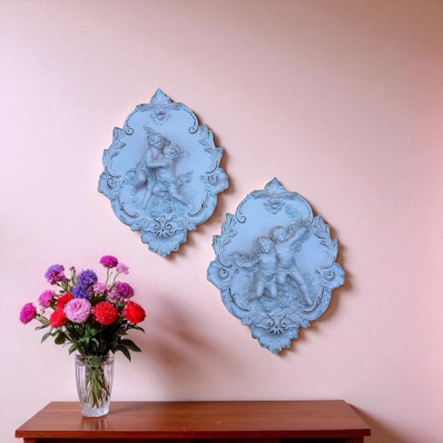Pair of Alexander Backer Cherub Wall Plaques – Gilded Scrolls & Pastel Detail