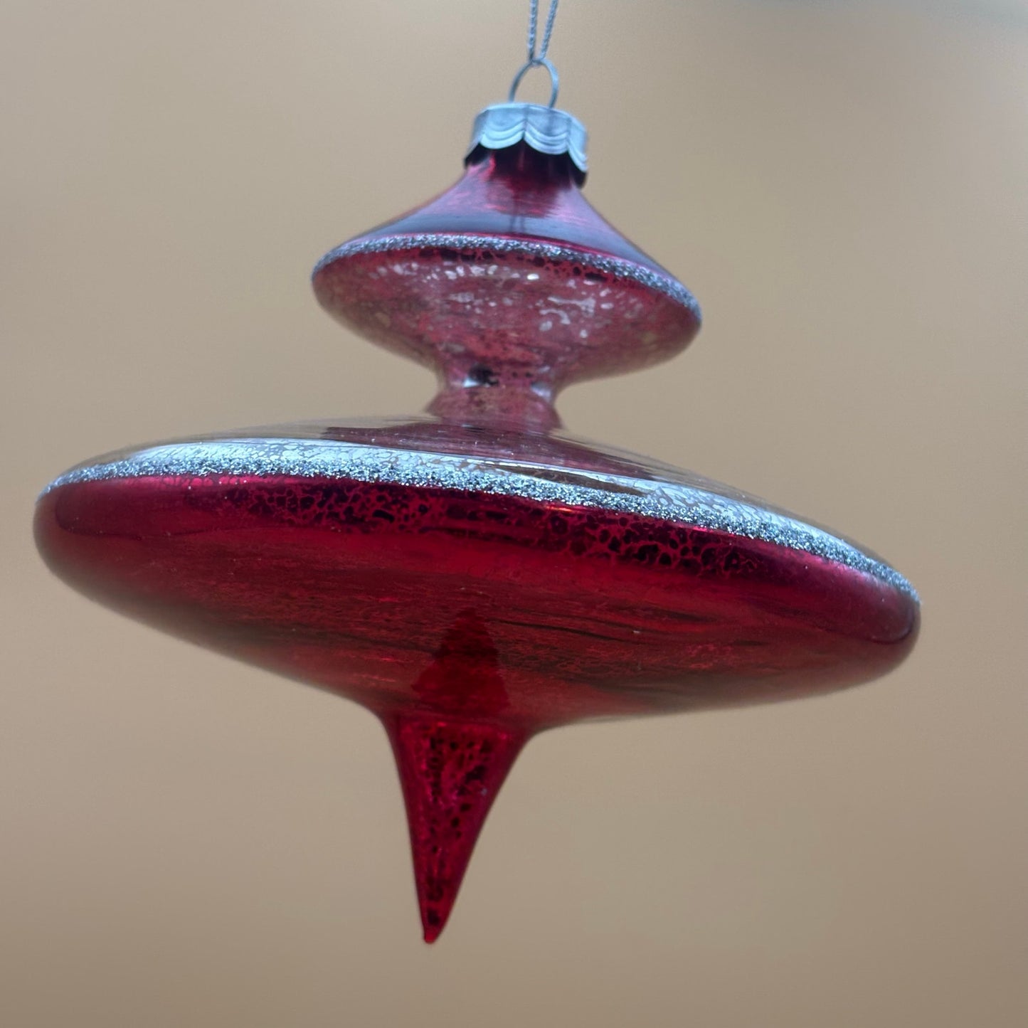 Tinsel Town Hand-Blown Glass Finial Ornament with Box Red & Silver