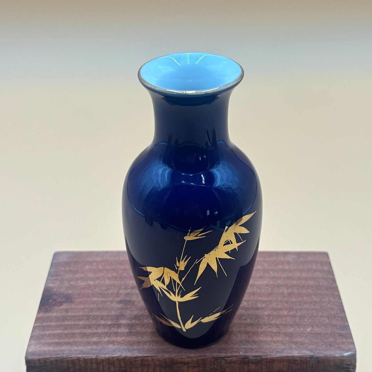 Vintage Cobalt Blue Vase with Gold Bamboo Design – 4.5” Tall