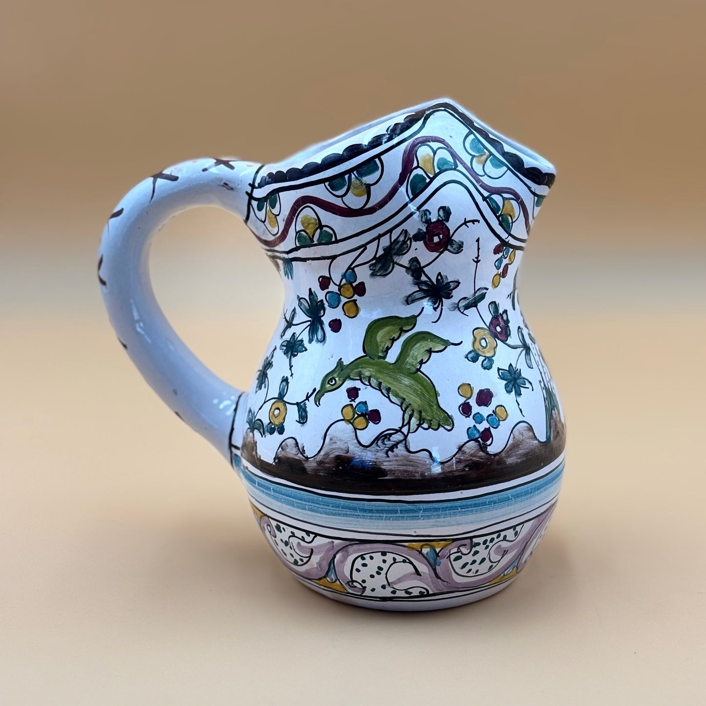 Vintage Portuguese Coimbra Pitcher – Hand-Painted Bird & Floral Talavera-Style Pottery