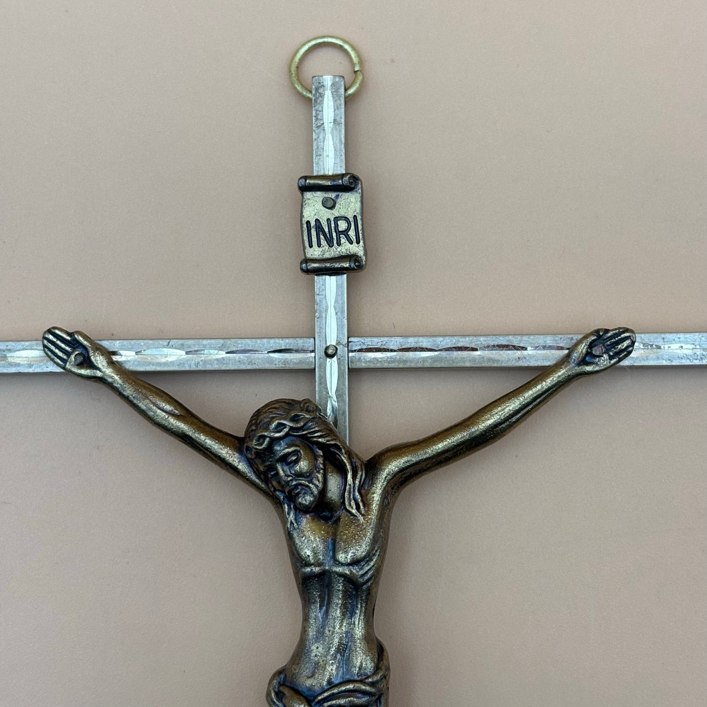 Vintage Italian Etched Gold-Tone INRI Crucifix Wall Cross