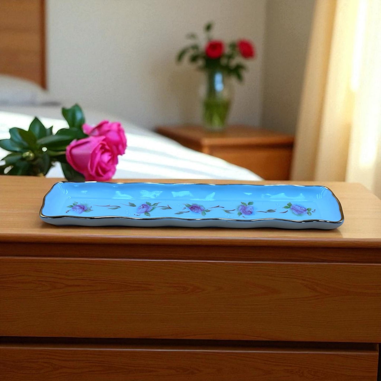 Vintage Hand Painted Porcelain Tray with Pink Roses and Gold Trim