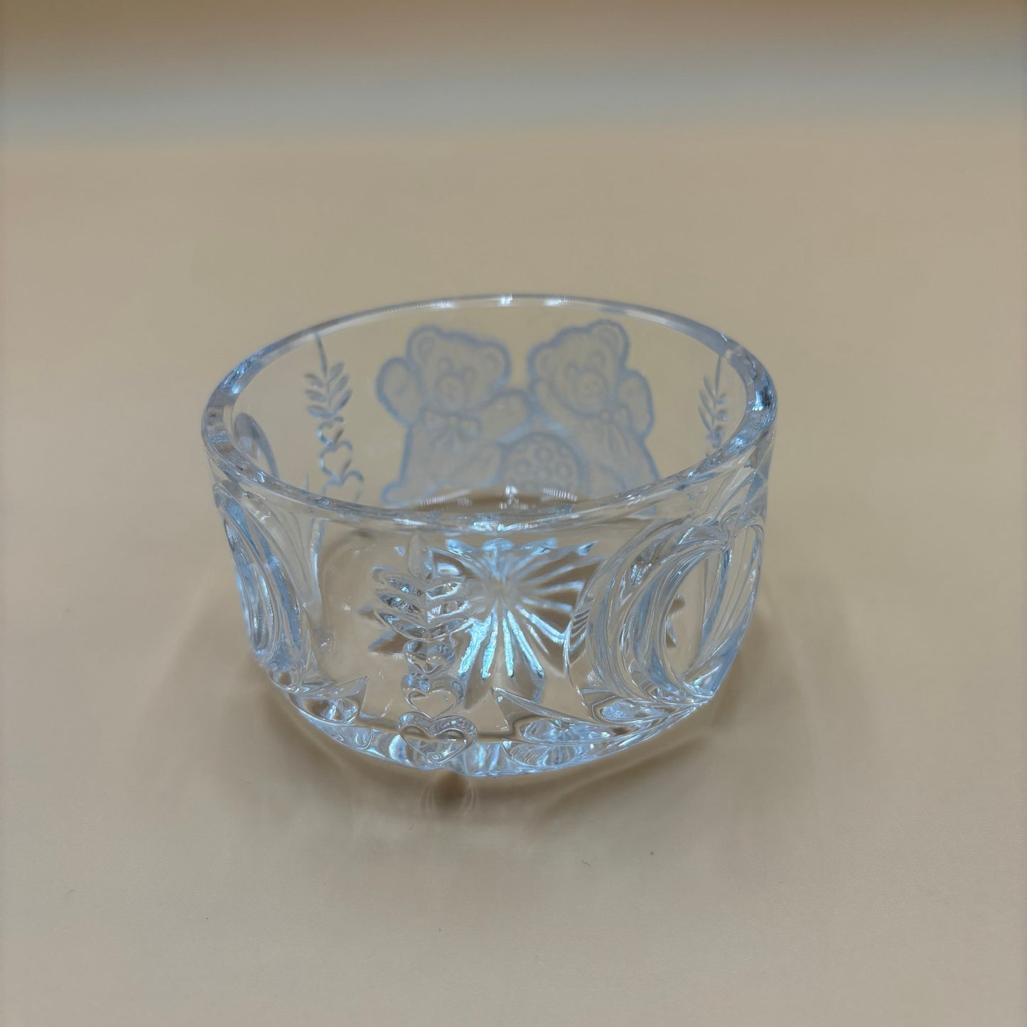 Vintage Clear Pressed Glass Bowl with Hearts & Teddy Bear Motif