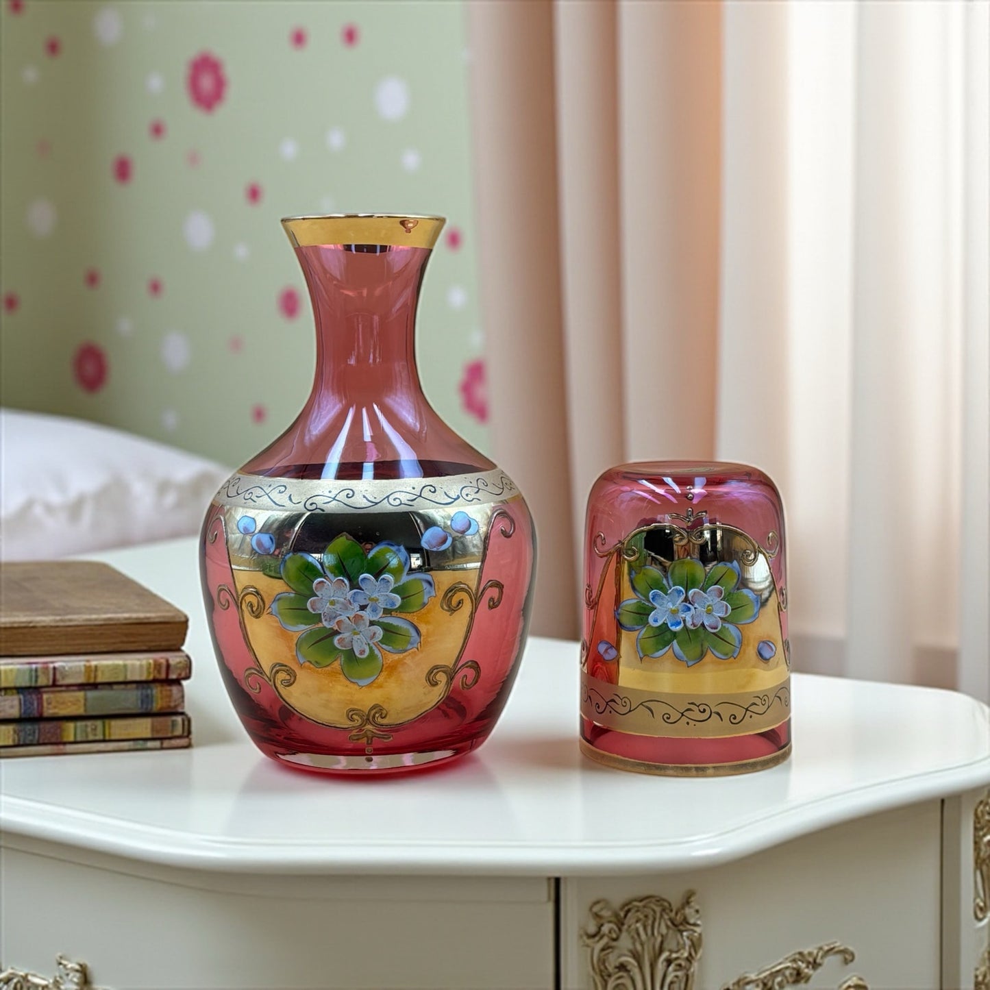 Hand Painted Pink Glass Tumble Up Decanter & Tumbler Set, A.A. Importing Co. Japan