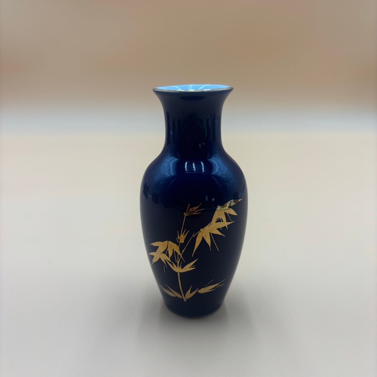 Vintage Cobalt Blue Vase with Gold Bamboo Design – 4.5” Tall