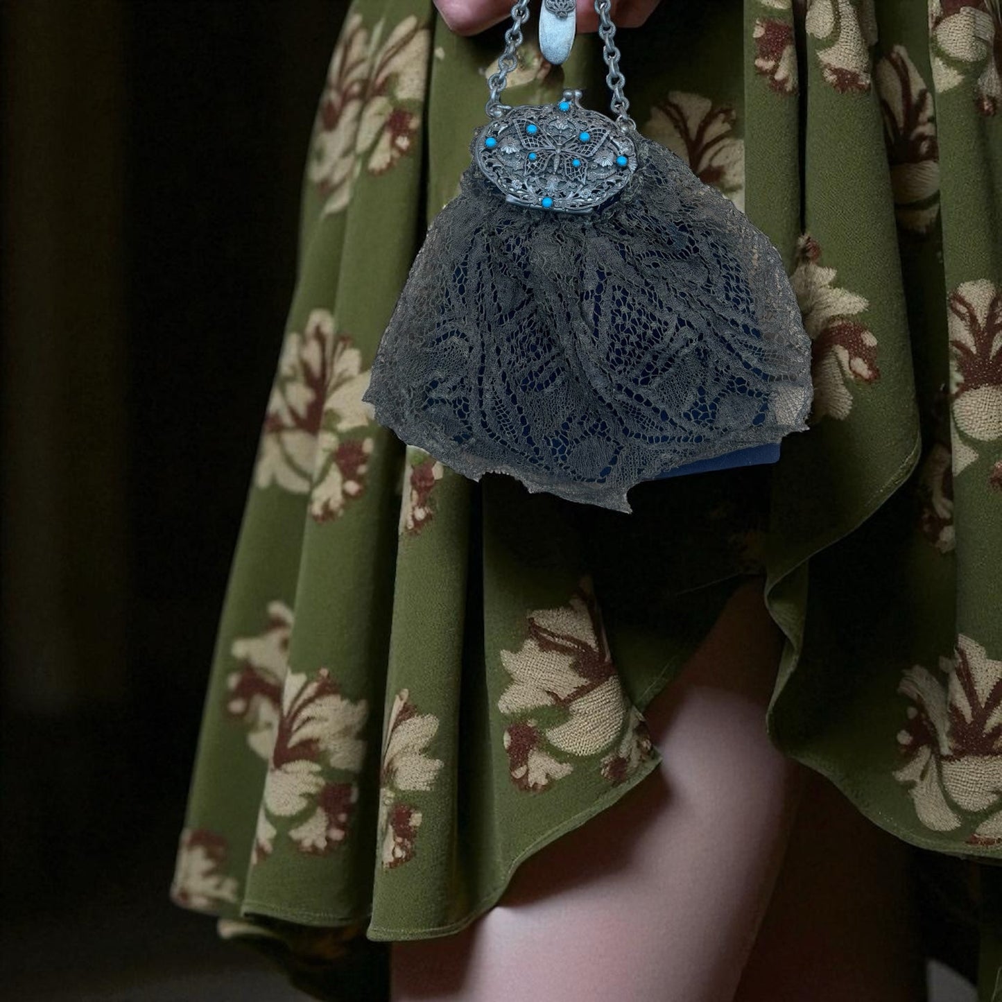 Antique Clip-On Purse with Mirror – Olive Green Lace & Blue Cloth Lining