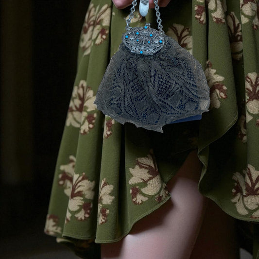 Antique Clip-On Purse with Mirror – Olive Green Lace & Blue Cloth Lining