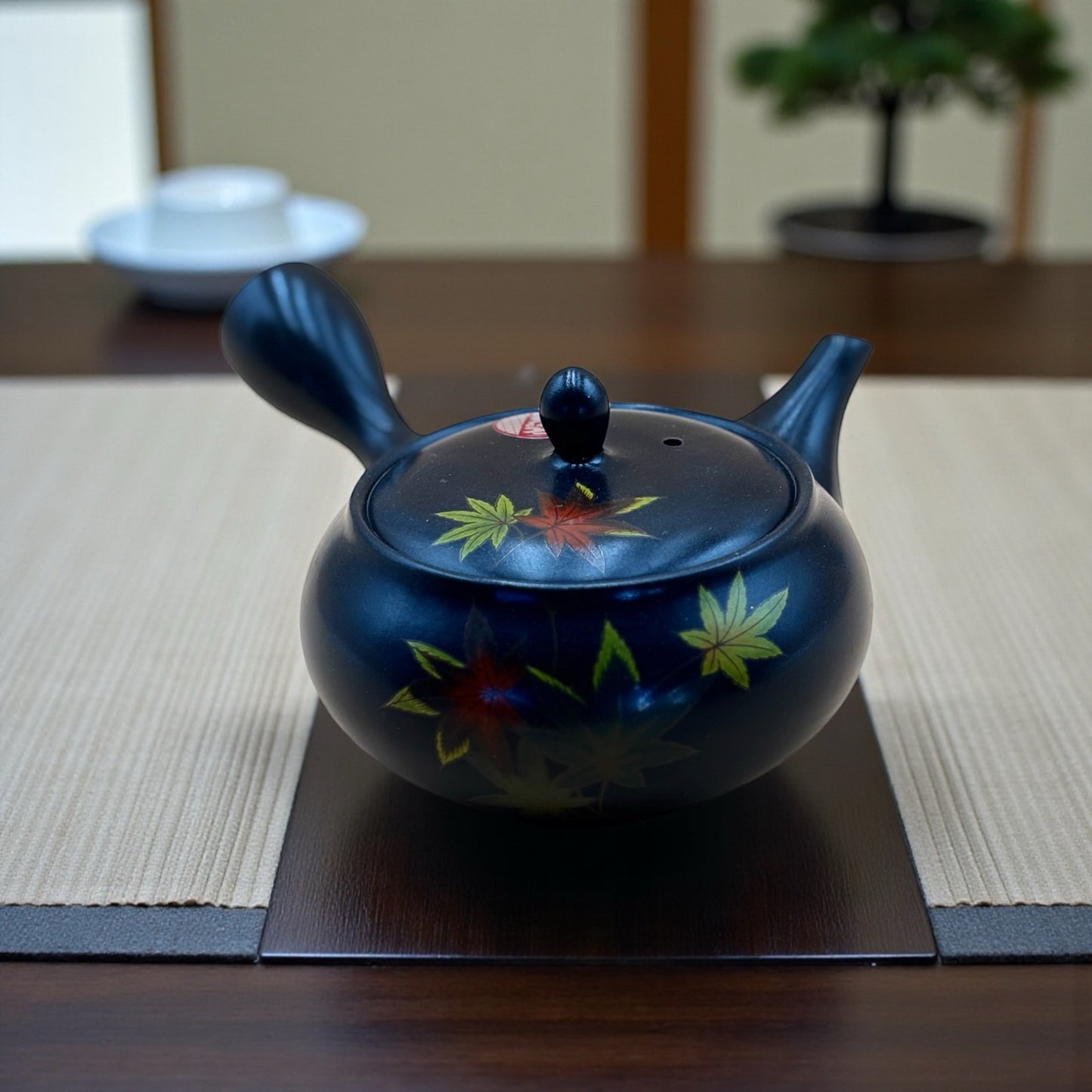 Vintage Komaru Kiln Tokoname Kyusu Teapot — Black Ceramic with Maple Leaf Design