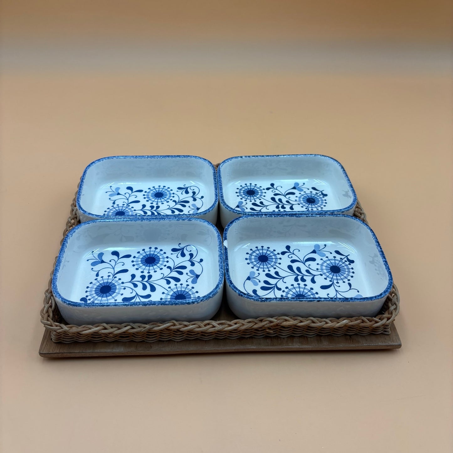 Vintage Waechtersbach Snack Plates – Set of 4 on Wicker Tray