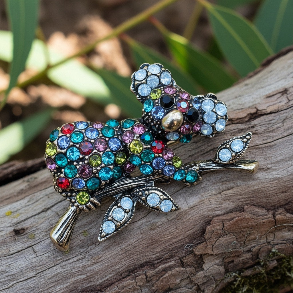 Gold Tone Koala Bear Crystal Brooch
