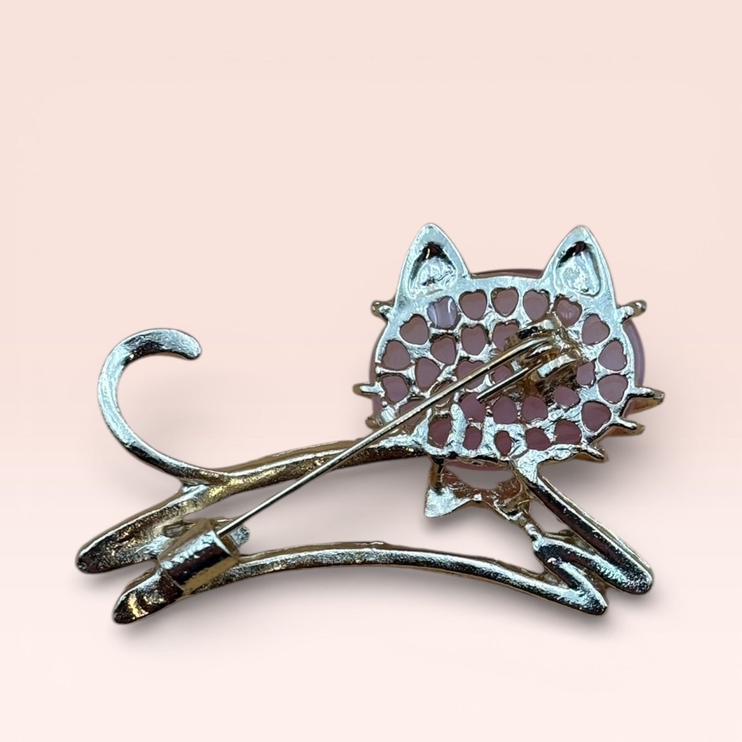 Vintage Pink Cat Crystal Brooch – Gold Tone
