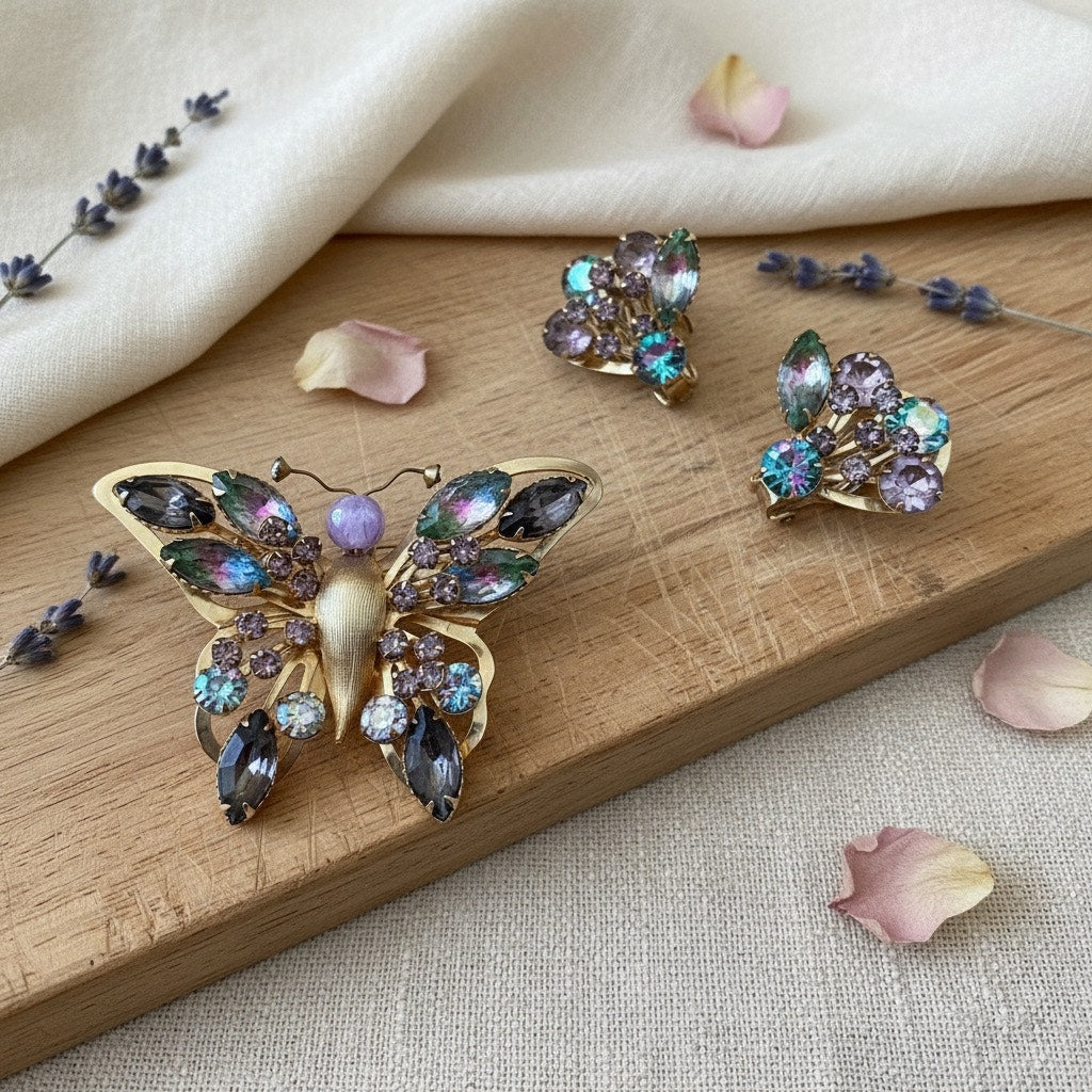 Selro Selini Watermelon Rhinestone Butterfly Brooch & Earrings – Rare Set
