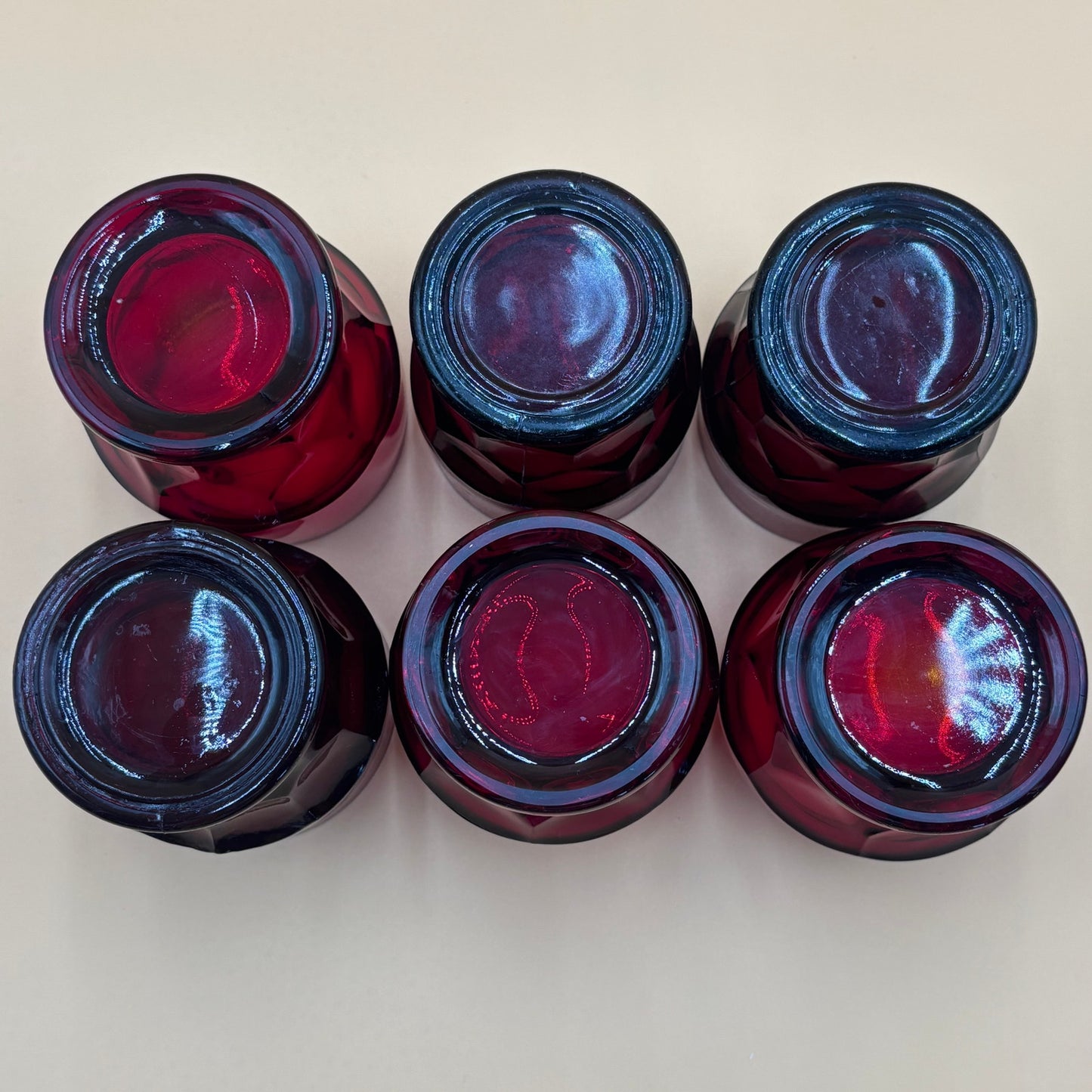 Set of 6 Vintage Ruby Red Glasses with Hexagonal/Honeycomb Base Mismatch