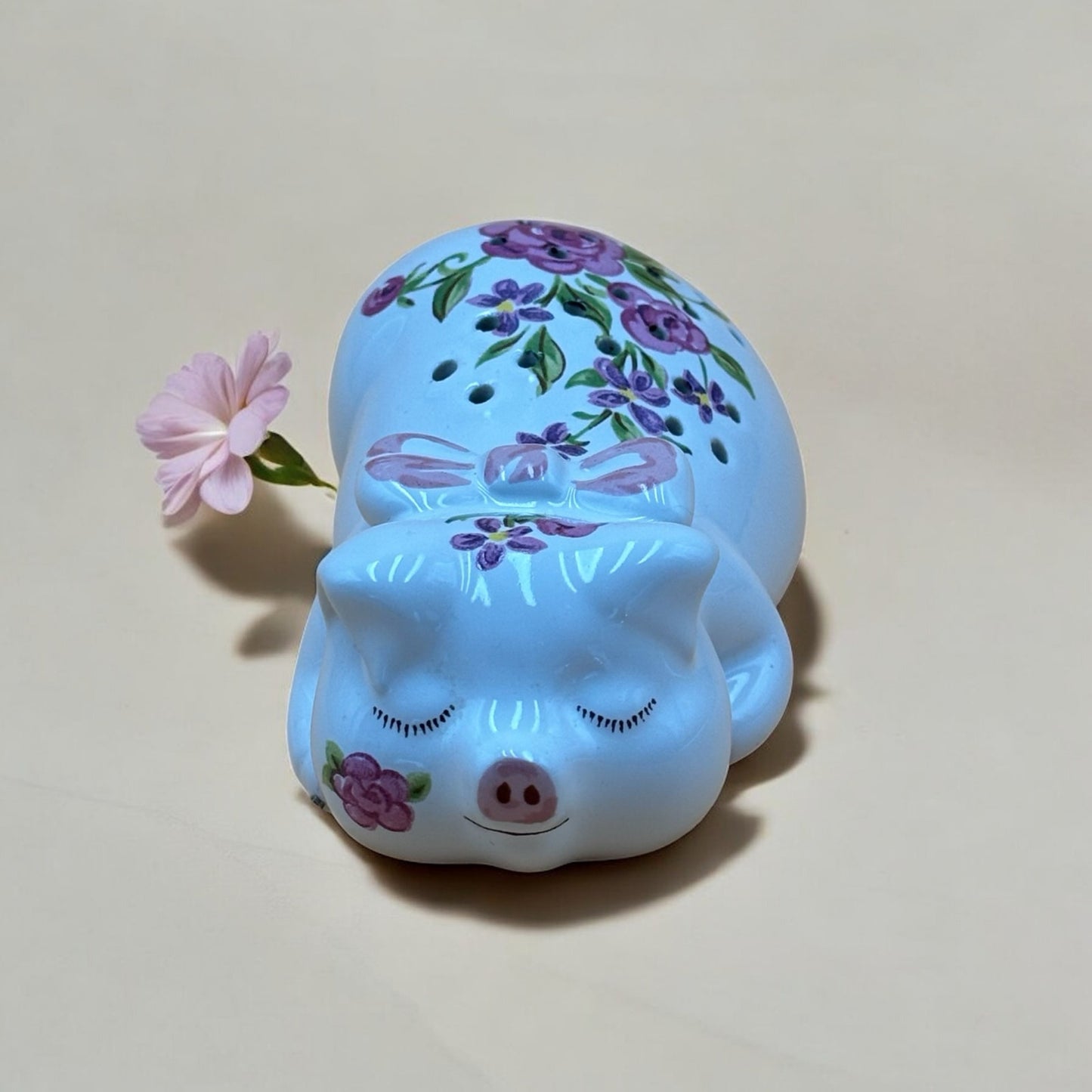 Vintage 1978 Avon Ceramic Pig Sachet – Floral Sleeping Pig with Bow, Made in Brazil