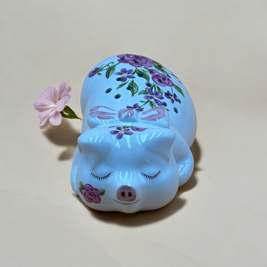 Vintage 1978 Avon Ceramic Pig Sachet – Floral Sleeping Pig with Bow, Made in Brazil