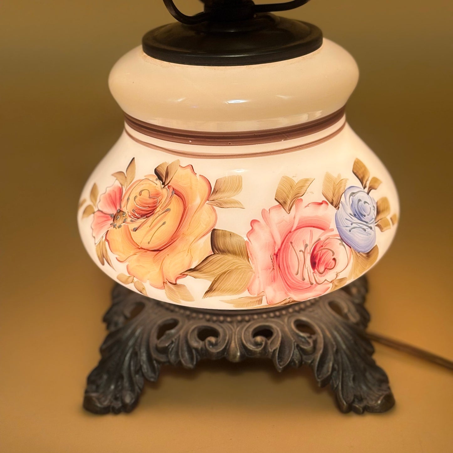 Vintage GWTW Hurricane Lamp Base Hand Painted Flowers 3 Way Light