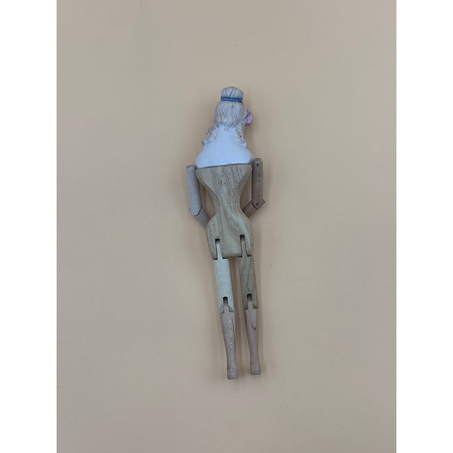 Shackman Bisque and Wood Jointed Doll 9.5 in with Blue Ribbon