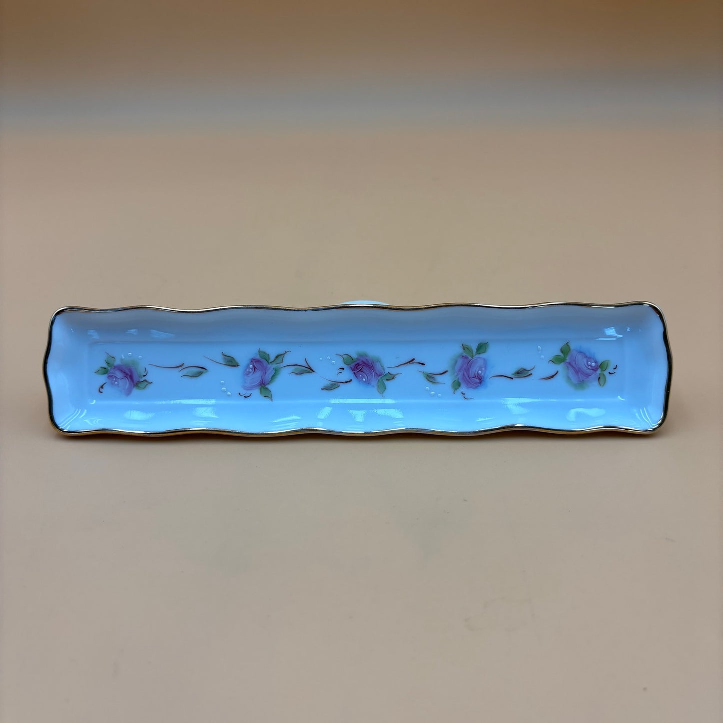 Vintage Hand Painted Porcelain Tray with Pink Roses and Gold Trim