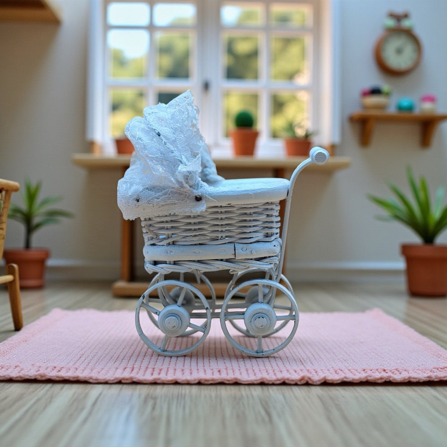 Miniature White Wicker Doll Buggy with Lace Canopy