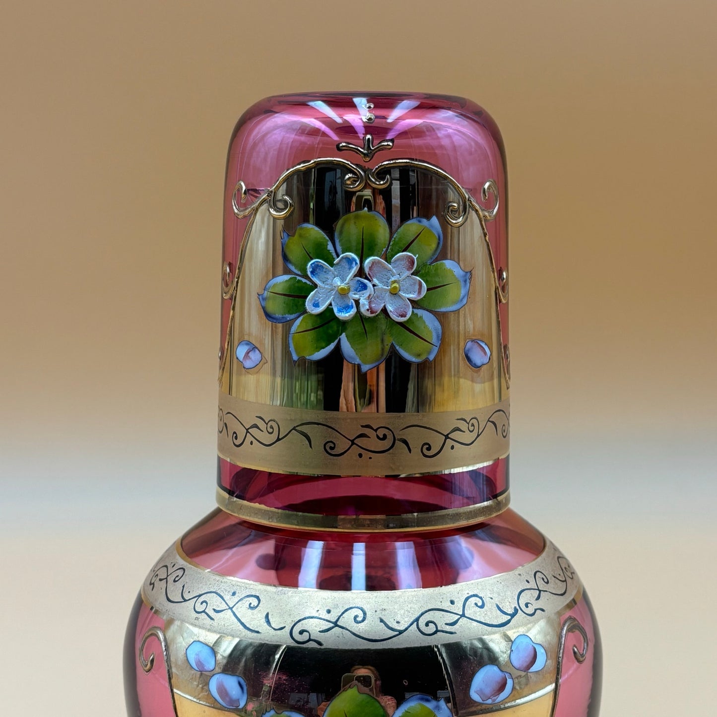 Hand Painted Pink Glass Tumble Up Decanter & Tumbler Set, A.A. Importing Co. Japan