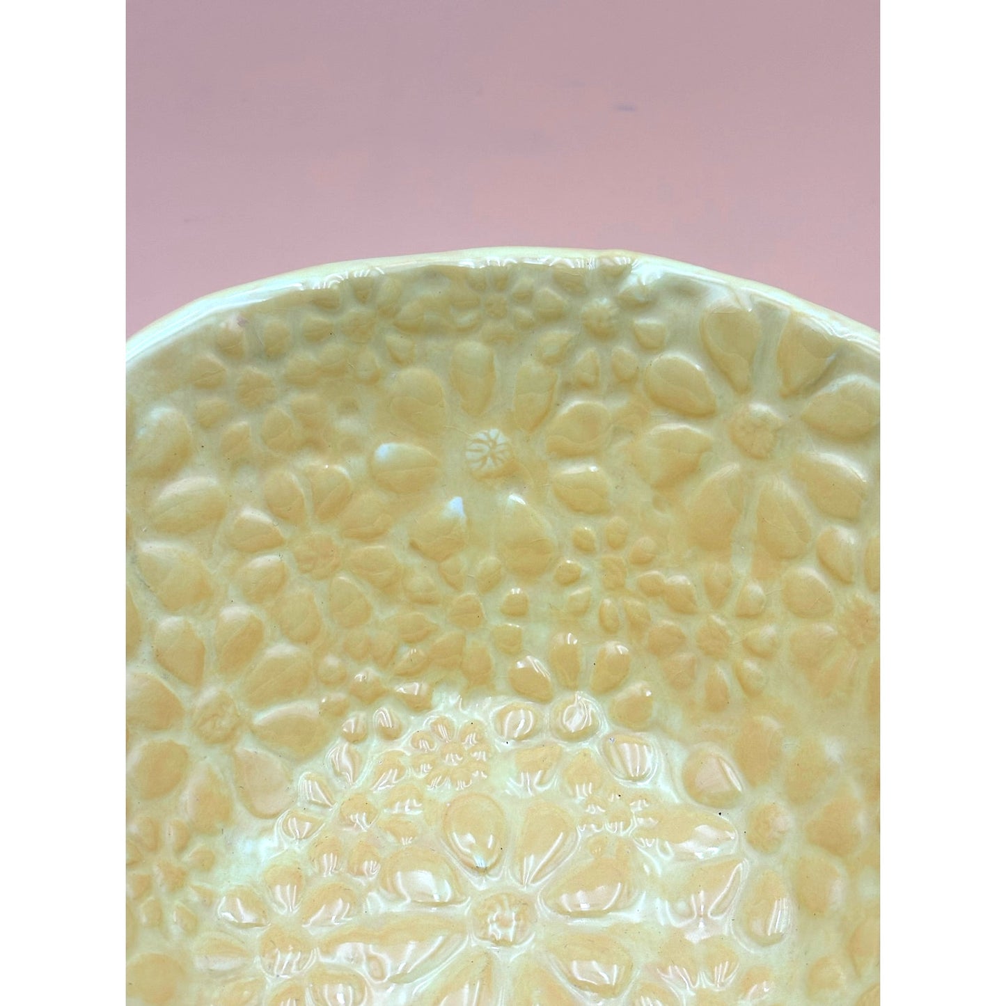Handmade Bright Cheerful Yellow Pottery Bowl with Embossed Floral Design