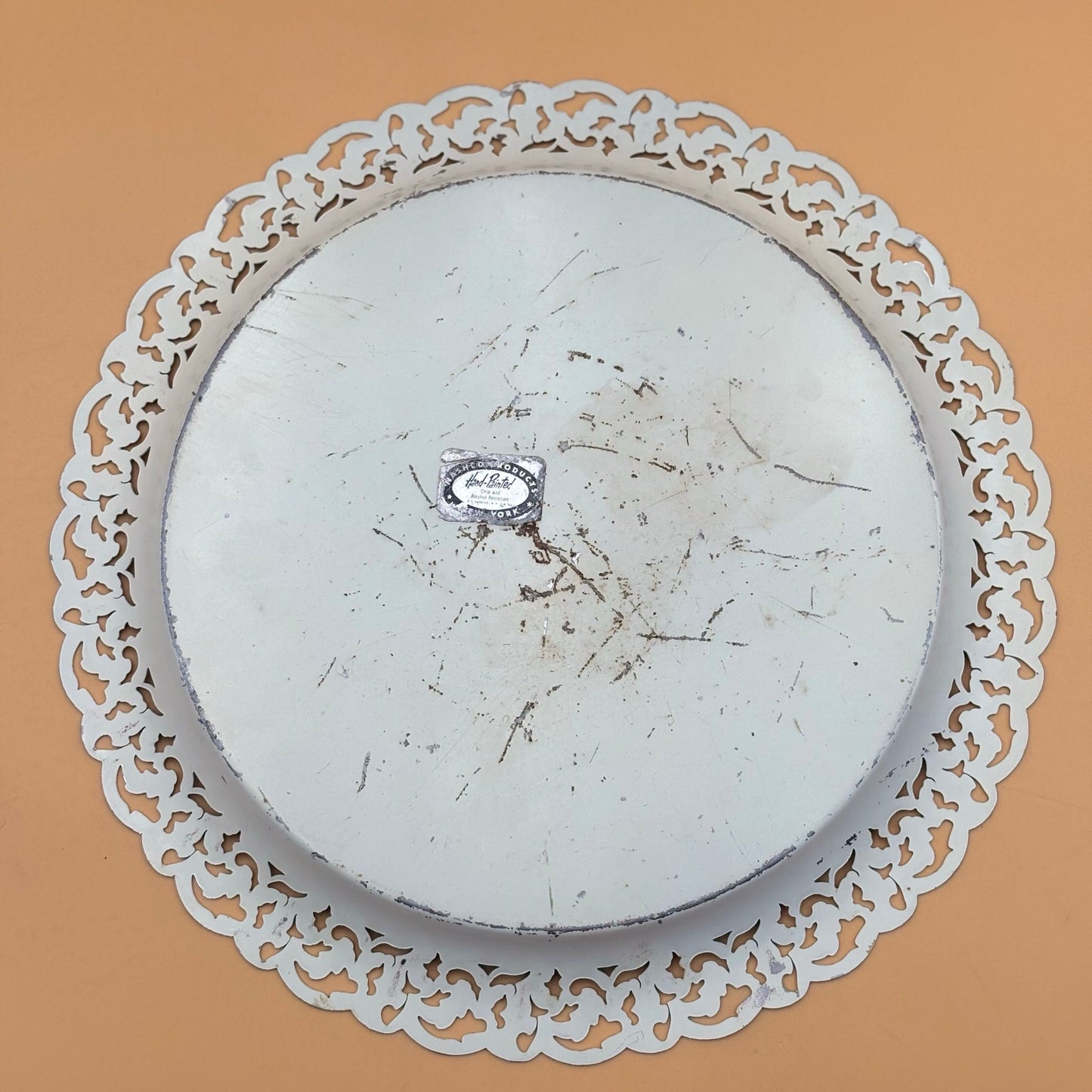 Vintage Nashco Tole Painted Tray – Cream, Gold & Brown Floral “Lace Edge”