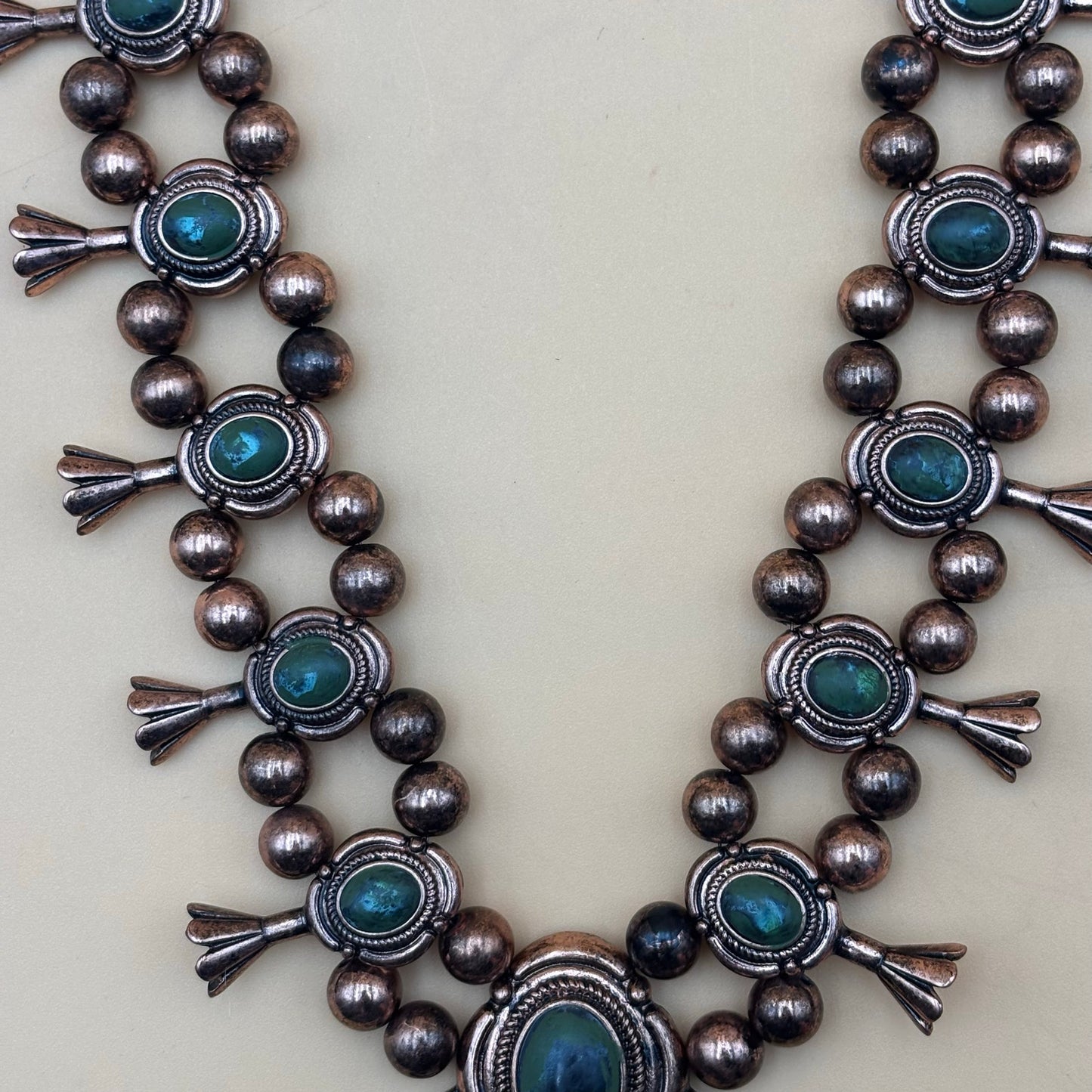 Boho Faux Turquoise Squash Blossom Necklace Copper-Tone Western Statement