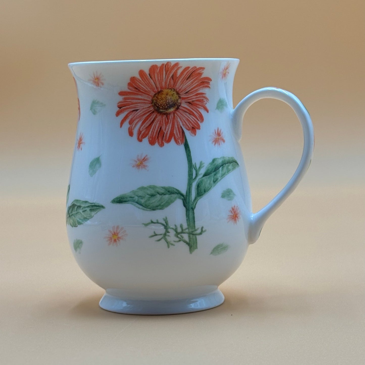 Set of 2 Fine Bone China Floral Mugs - Orange Gerbera Daisy