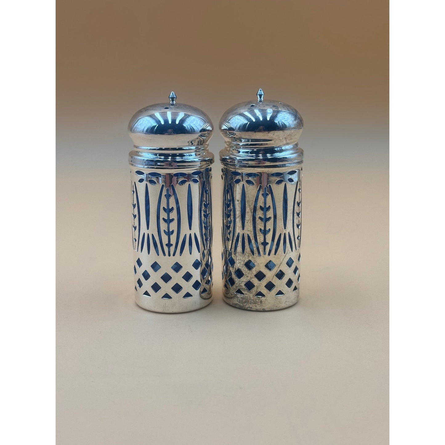 Sapphire Blue Glass Salt and Pepper Shakers with Silver Overlay