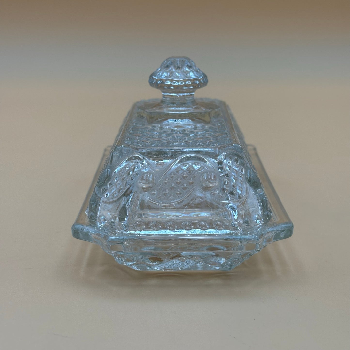 Vintage Avon Pressed Glass Butter Dish with Lid – Diamond Weave Pattern (7”)