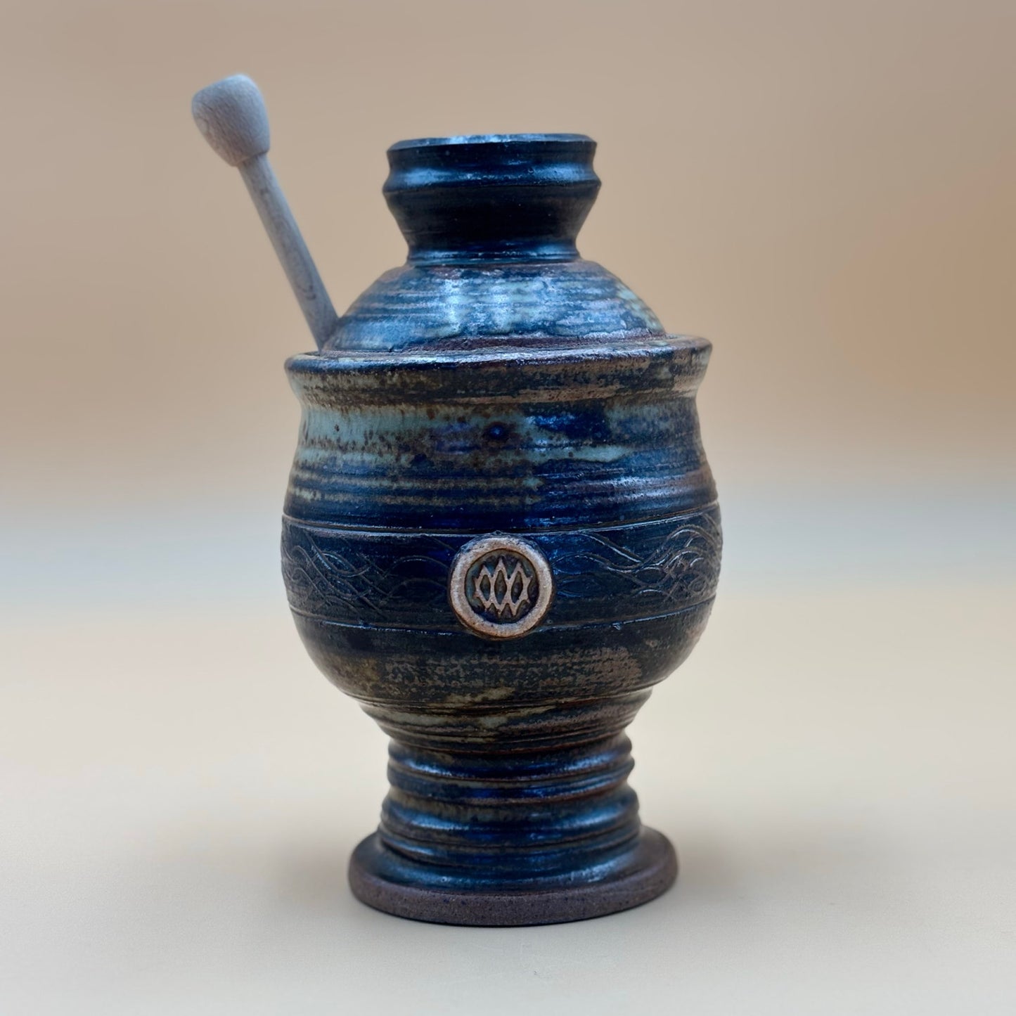 Studio Pottery Honey Jar with Dipper — Olive Green Earth Tone Glaze