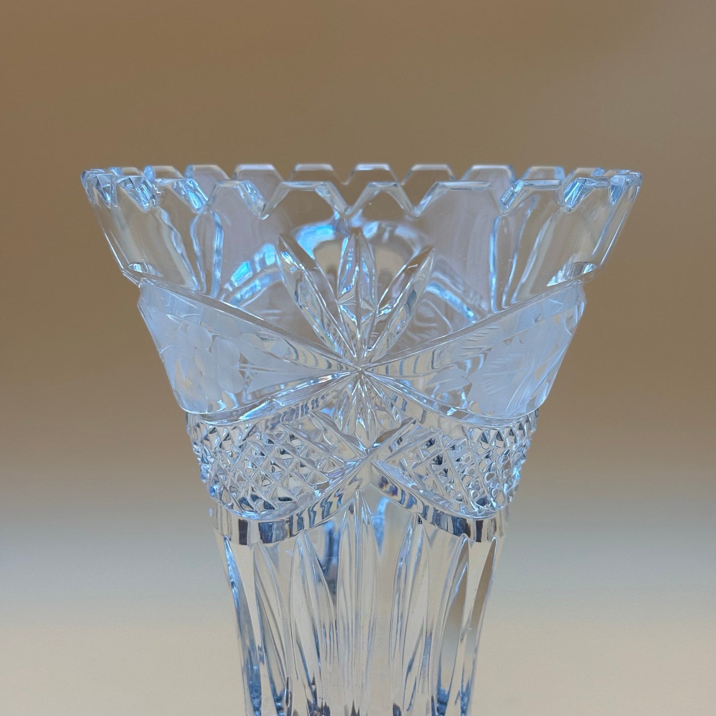 Cut Glass Vase with Scalloped Rim and Starburst Base