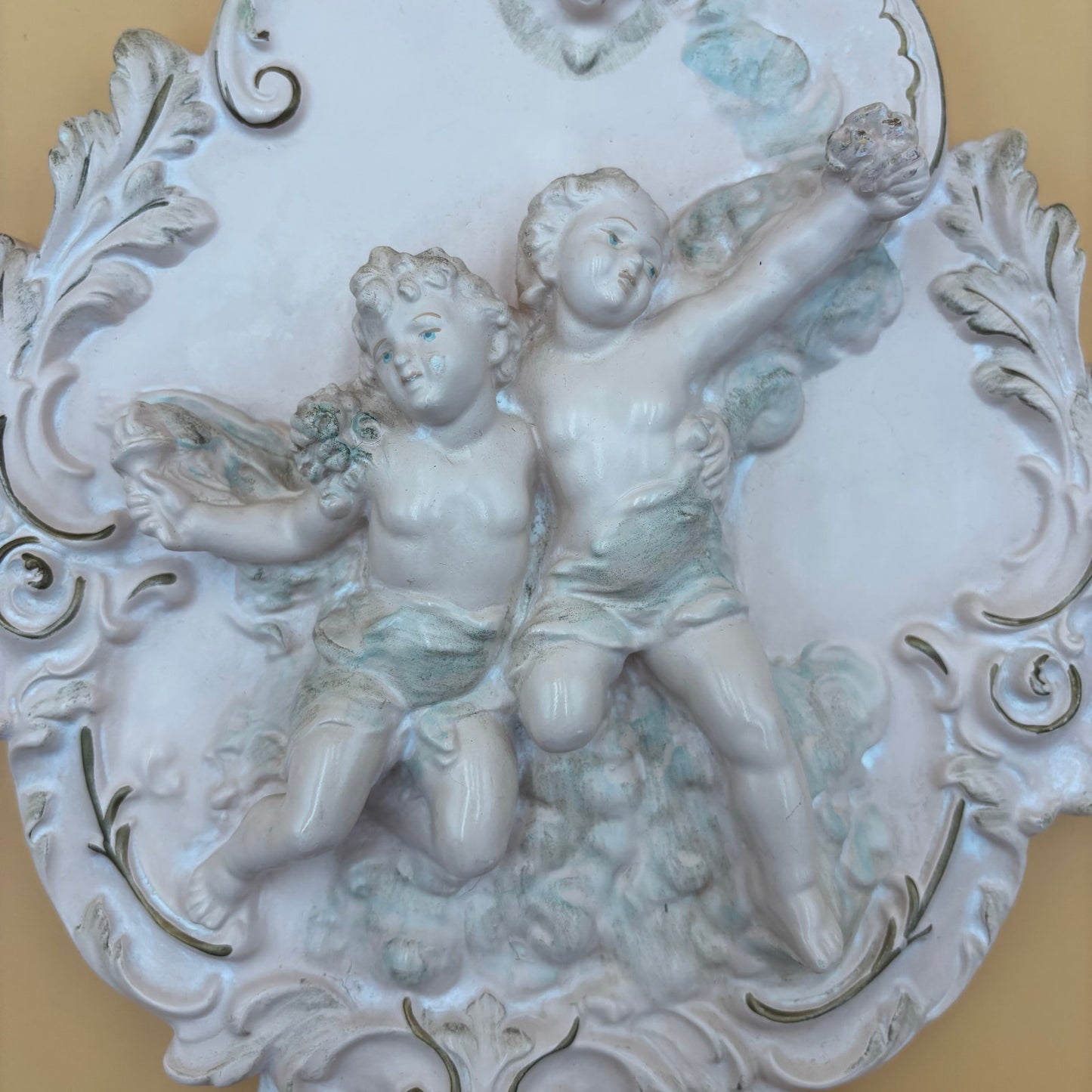Pair of Alexander Backer Cherub Wall Plaques – Gilded Scrolls & Pastel Detail