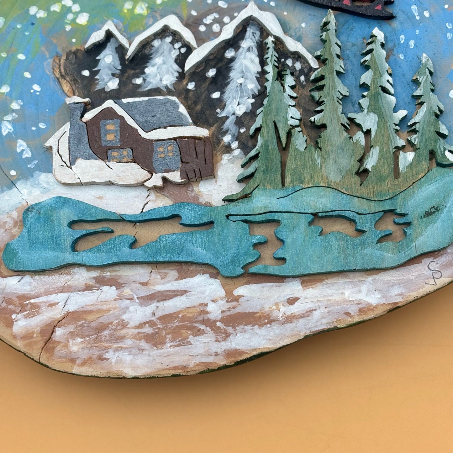 Handmade Painted Wood Slice Christmas Wall Hanging – Cabin & Sleigh Scene