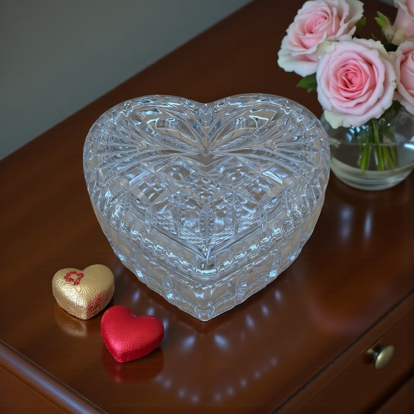Vintage Cut Glass Heart Trinket Dish with Lid